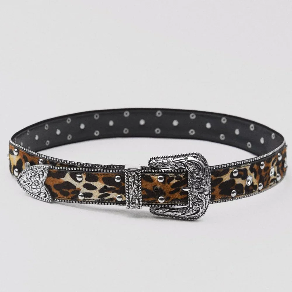 Zara Leather And Rhinestone Animal Print Belt NWT